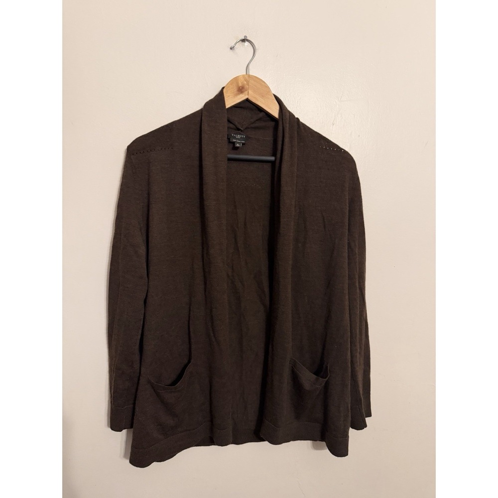 Talbots Women's Brown 100% Merino Wool Open Front Cardigan Pockets Small Petite